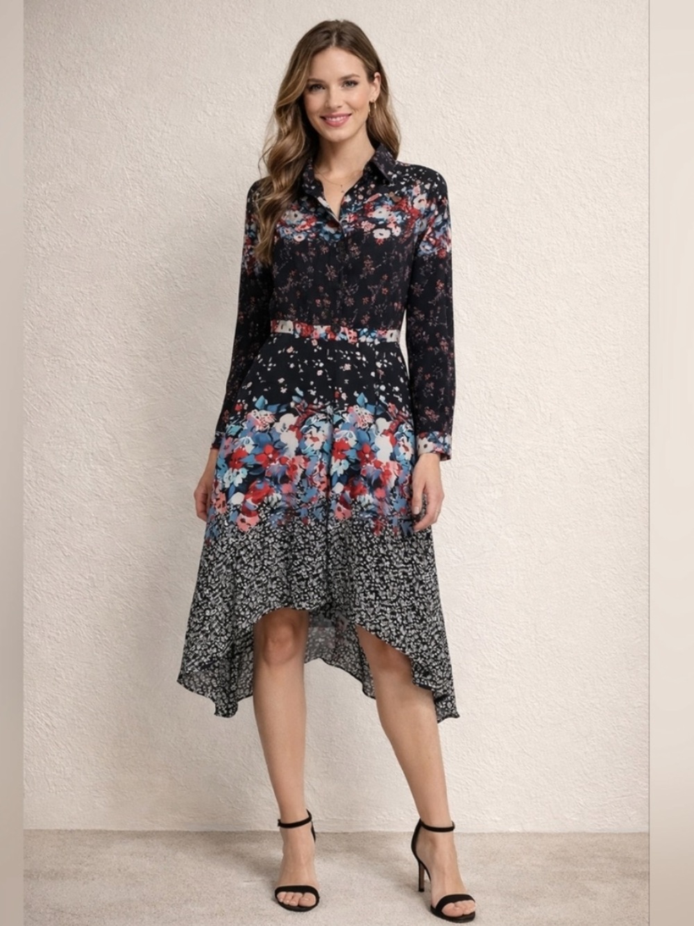 Julian Jordan Black Colorful Mixed Floral Fit & Flare Handkerchief Hem Dress 2